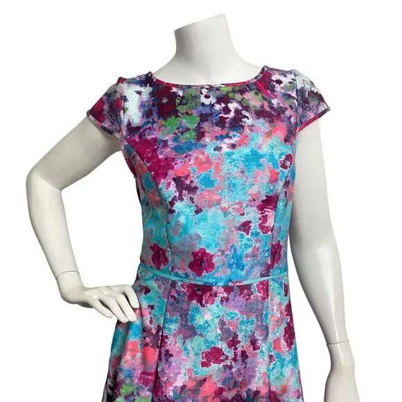 ADRIANNA PAPELL Multi Aqua Floral Scuba Womens Sz 4 Fit & Flare Cocktail Dress - Picture 6 of 10